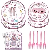 96Pcs Pajama Party Decorations Supplies Sleepover Party Supplies For Girls Pajama Plates Napkins Forks Tableware Set for Slumber Party Spa Party Girls Birthday Party Bachelorette Party, Serves 24