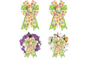 Estivaux 2 Pieces Easter Bows for Wreath, Happy Easter Wreath Bows Green Yellow Burlap Bows Colorful Eggs Bows Bows for Front Door Easter Spring Birthday Party Decorations