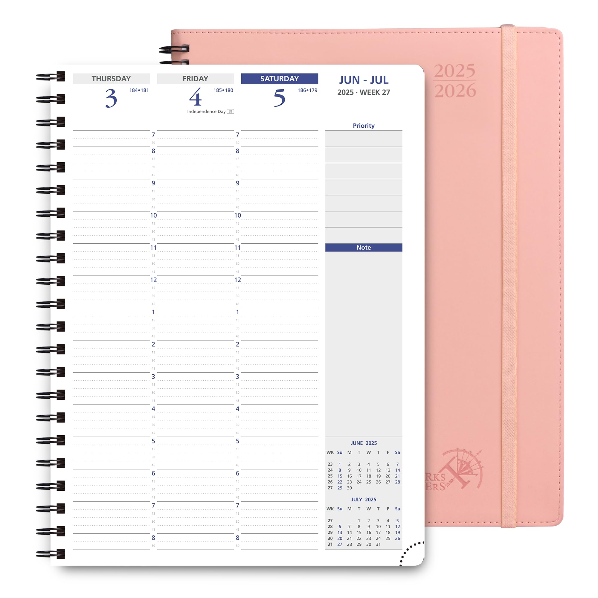 Photo 1 of POPRUN 2025-2026 Academic Planner Spiral Bound, 8.5'' x 11.25'' Appointment Book (July 2025-June 2026) Quarter-Hourly Weekly Schedule, Leather Cover, Monthly Tabs, 2 Inner Pockets - Soft Pink