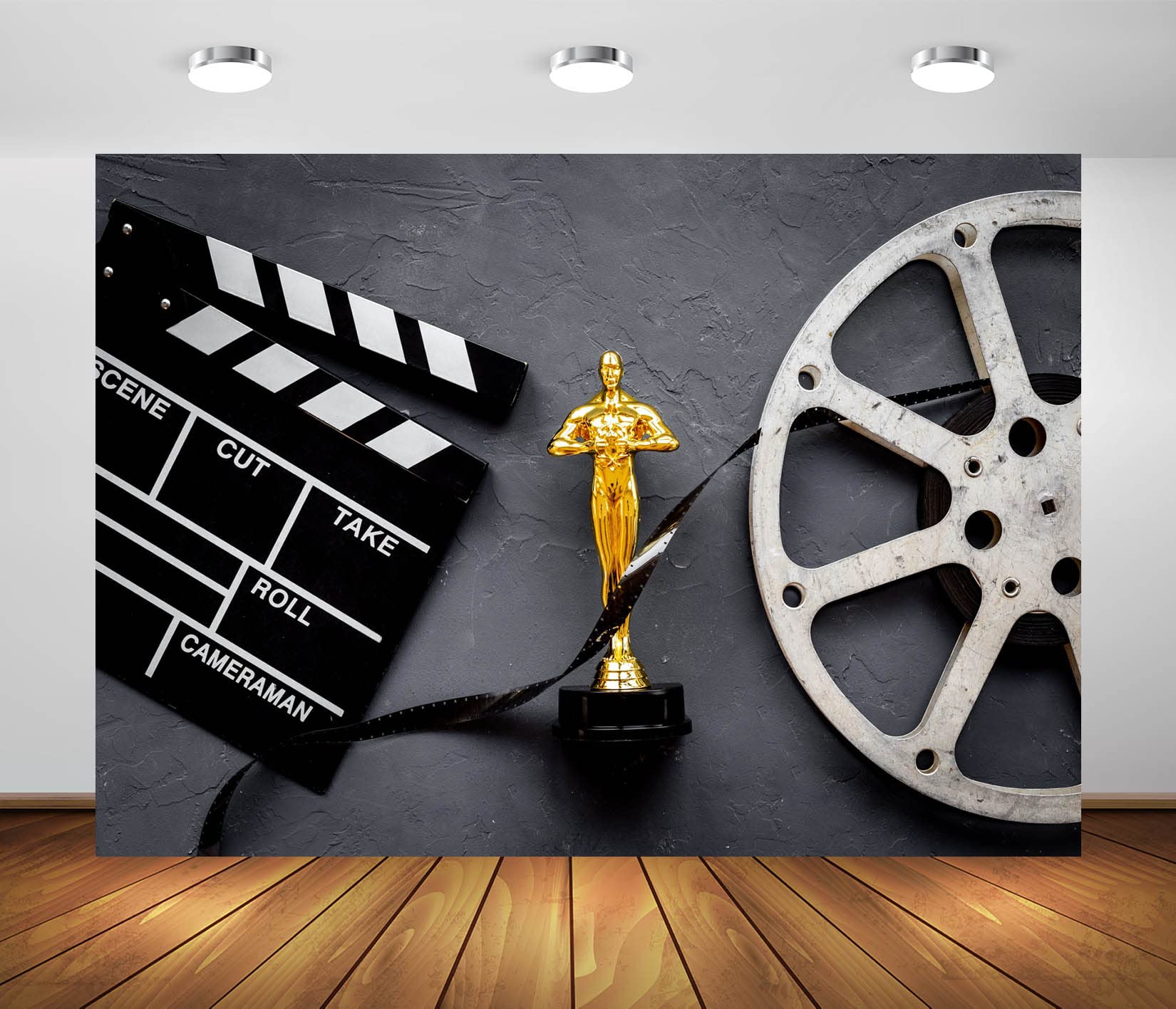 BELECO 2.1x1.5m Fabric Movie Theme Backdrop for Photography Golden Award Reel Video Tape and Clapper Board Background for Movie Night Theme Party Decorations Portrait Photo