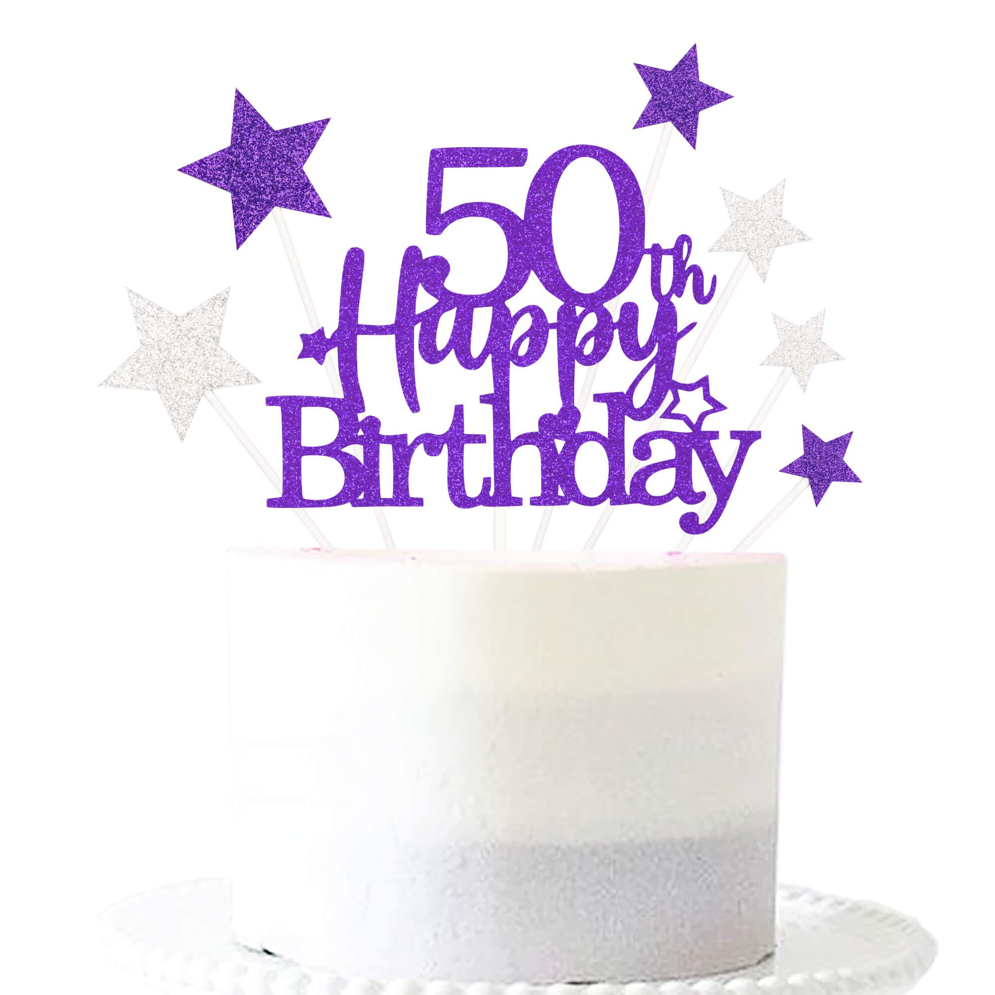 Glittery 50th Happy Birthday Cake Topper with Star,Personalised 50 Birthday Cake Toppers Party Decorations Party Supplies for Men Women Purple Silver