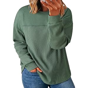 Eytino Womens Plus Size Waffle Knit Sweatshirts | Long Sleeve Crewneck,Waffle Knit Patchwork,Loose Fit Lightweight,Oversized