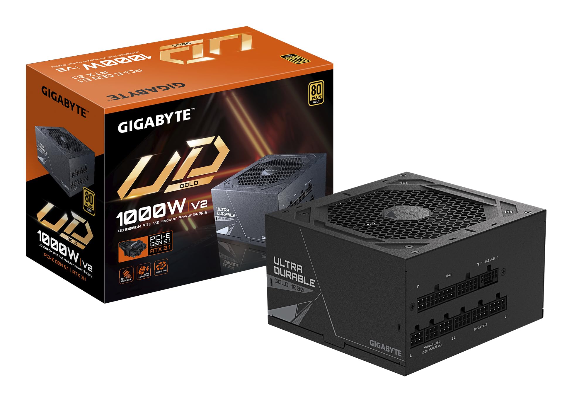 Gigabyte Ud1000Gm Pg5 V2 Power Supply Unit- Pcie Gen 5.1, 80 Plus Gold, Fully Modular Design, 120Mm Fan, Atx 3.1 Compatible, Uk Plug