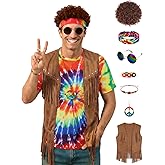Treature 8Pcs Hippie Costume for men, 70s Outfits for Men with Top & Accessories for Carnival Festival Set