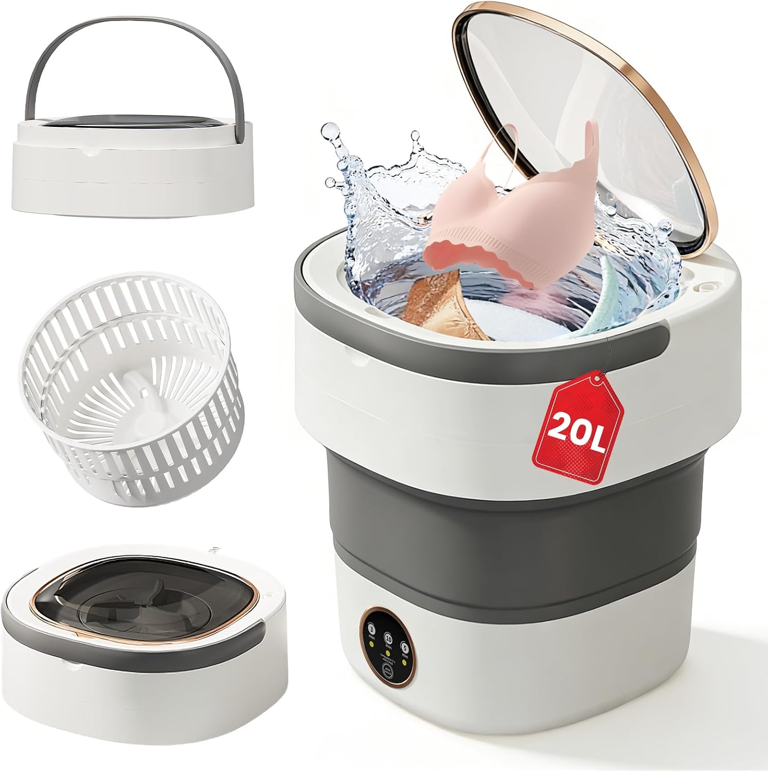 Portable Washing Machine - 20L Mini Foldable Washer with Spin Basket, 3 Cleaning Modes & Deep Cleaning for Small Clothes, Collapsible Laundry for Apartment, Home, Hotel and Travel (Gray)