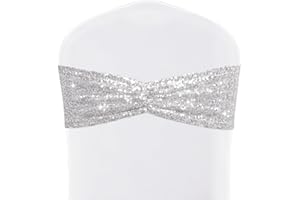 SquarePie Pack of 50 Sequin Chair Sashes Sliver Shiny Bows Bands for Wedding Banquet Party Chair Covers Decor