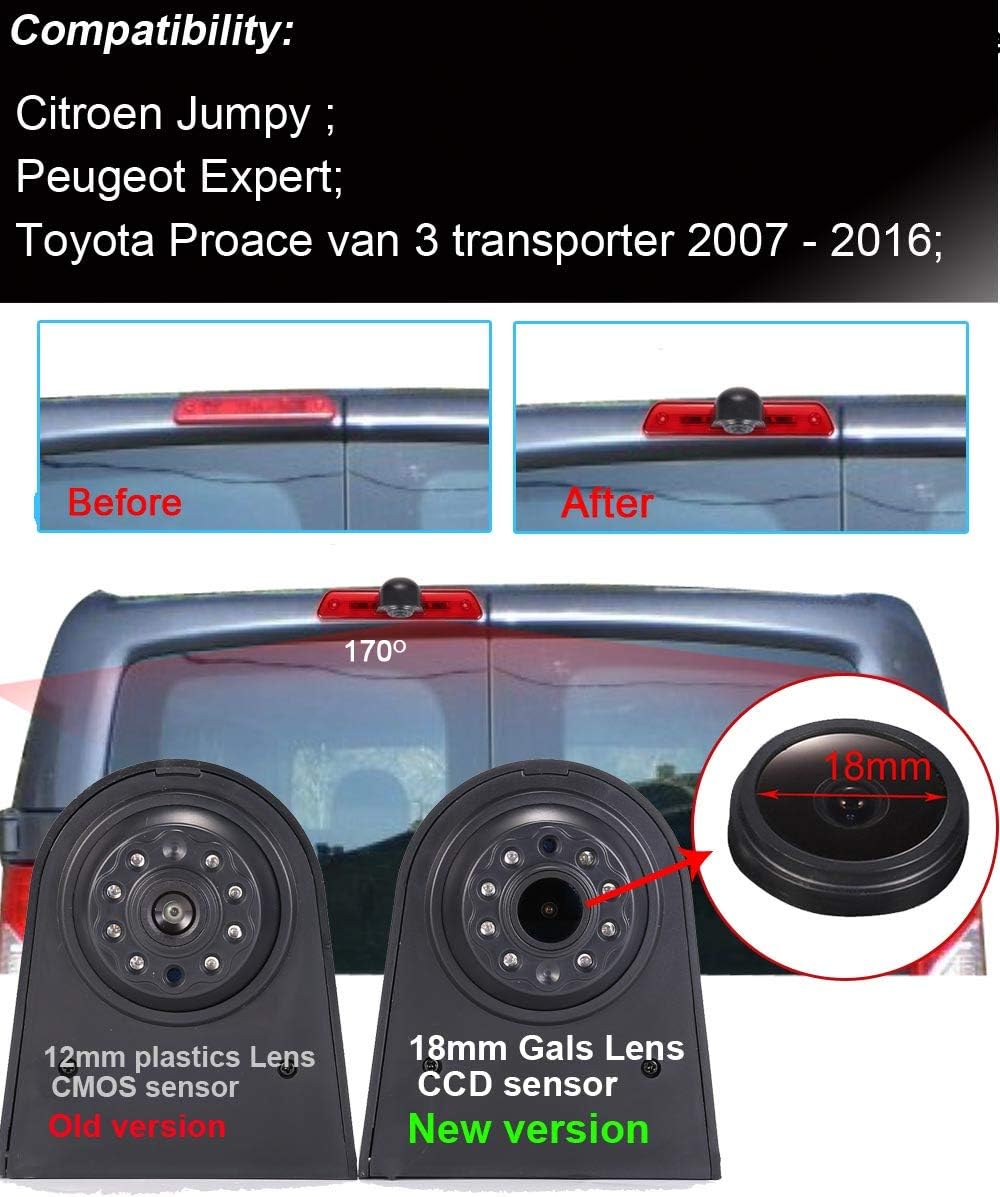 HD Auto IP68 1280Pixels Transporter Brake Light Roof Rear View Reversing Backup Camera Parking Aids System with Angle Adjustable Compatible with Peugeot Expert/FIAT Scudo/Citroen Jumpy/Toyota Proace - Image 4