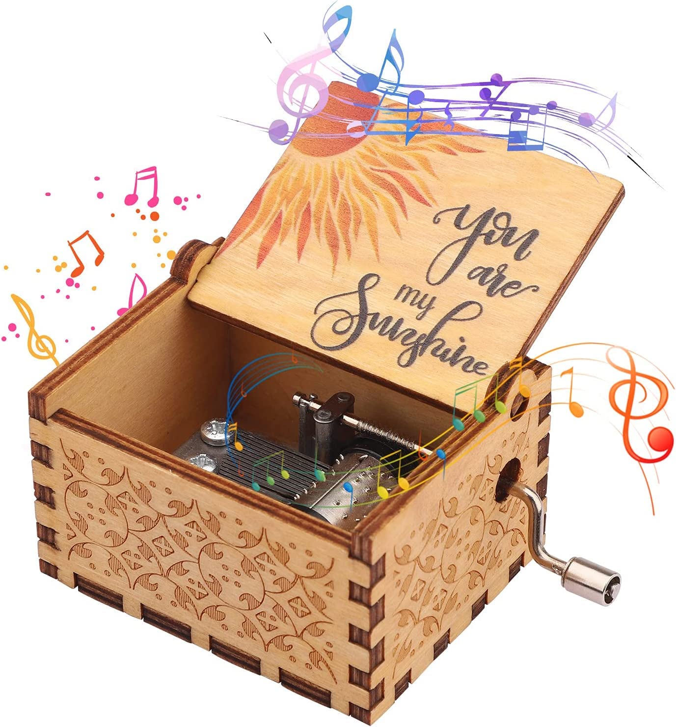 Yukiyi 18 Note You Are My Sunshine Music Box Personalised Mini Music Box Gift Box Laser Engraved Vintage Wood Hand Crank Music Box You Are My Sunshine Gifts Music Boxes Wooden Musical Box Wooden Gift