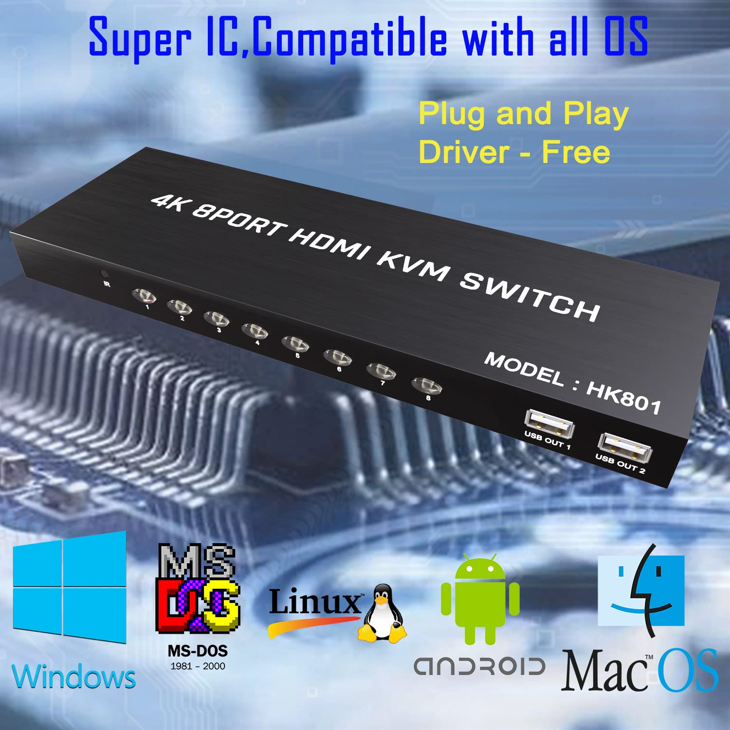 KVM Switch HDMI 8 Port - HDMI Switch with Remote- USB Switch Selector for 8 Computers Share Keyboard Mouse Printer,Flash Drive,HD Monitor, Support 4K@60Hz, 8 KVM Cables 1 Remote Included