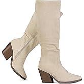 Putu Women's Pointed Toe Knee High Boots Faux Suede Stacked Chunky Heel Boots Side Zipper Slouchy High Boots