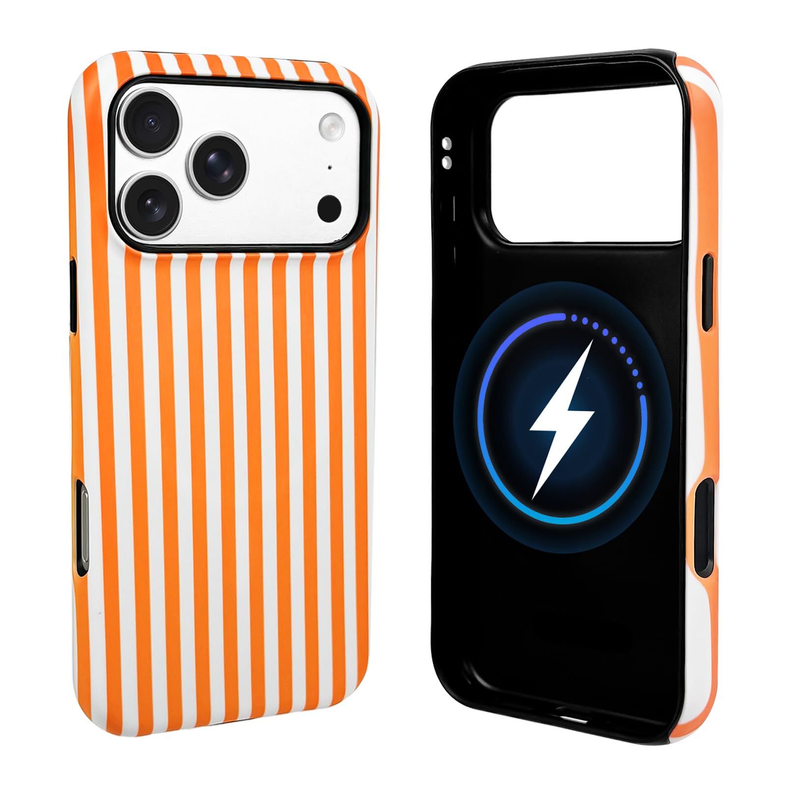 NITITOP Compatible for iPhone 17 Pro Max Case Cute Matte Magnetic Compatible with MagSafe Vertical Striped for Woman Girl Man Boy Hybrid 2 Layers Back Shockproof Protective Cover - Orange