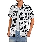 WDIRARA Men's Cow Print Button Down Shirt Short Sleeve Collar Top Casual Summer Tops