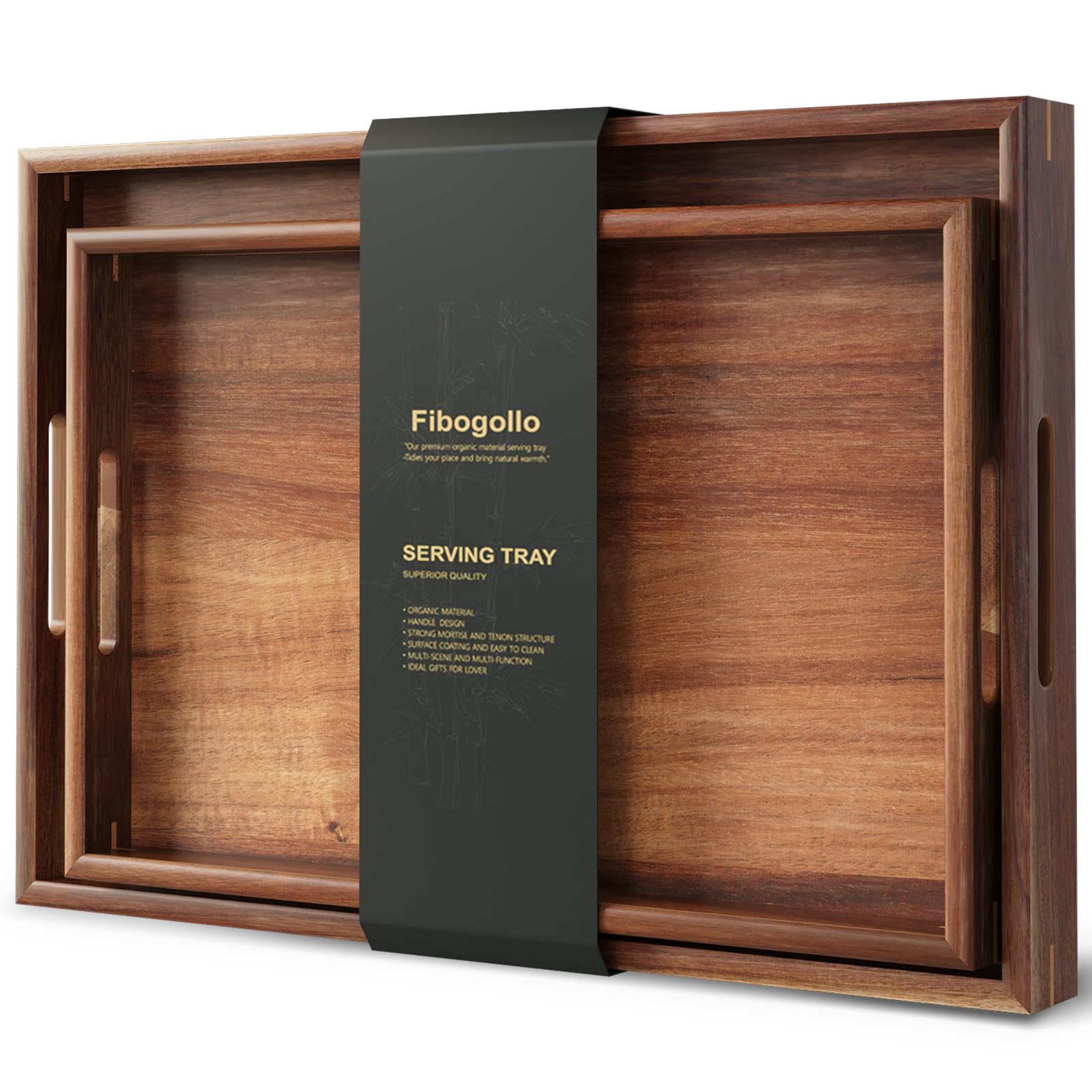 Photo 1 of **1-PACK** Fibogollo Acacia Wood Serving Tray with Handles,Decorative Trays Platter,Breakfast Tray in Bed,Food Drinks Tray for Eating,Working,Storing(Brown, Large 43 x 30 x 4cm)