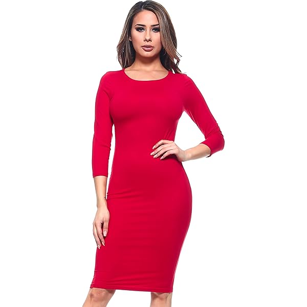 YELETE Crew Neck 3/4 Sleeve Midi Bodycon Dress (Red, Small) at Amazon Women's Clothing store YELETE Crew Neck 3/4 Sleeve Midi Bodycon Dress (Red, Small) at Amazon Women's Clothing store