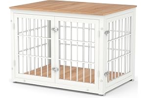 rehomerance Heavy Duty Dog Crate Furniture for Large and Medium Dogs, Decorative Pet House End Table, Wooden Cage Kennel Furniture Indoor, White and Natural