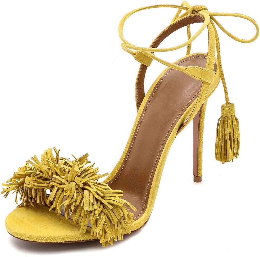 Juoar Womens Shoes Lace Up High Heel Sandals Tassel Fringe Tie Up Party Prom Strappy Size for Dress