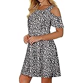 Tanst Sky Women Cold Shoulder Dress Floral Printed Short Sleeve Sundress with Pocket