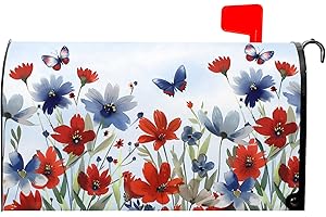 ANCORDIVO 4th of July Patriotic Mailbox Covers Magnetic Standard Size 21 x 18 Inch America Red Blue Floral Mailbox Wraps Post Letter Box Cover for Garden Yard Outdoor Decorations