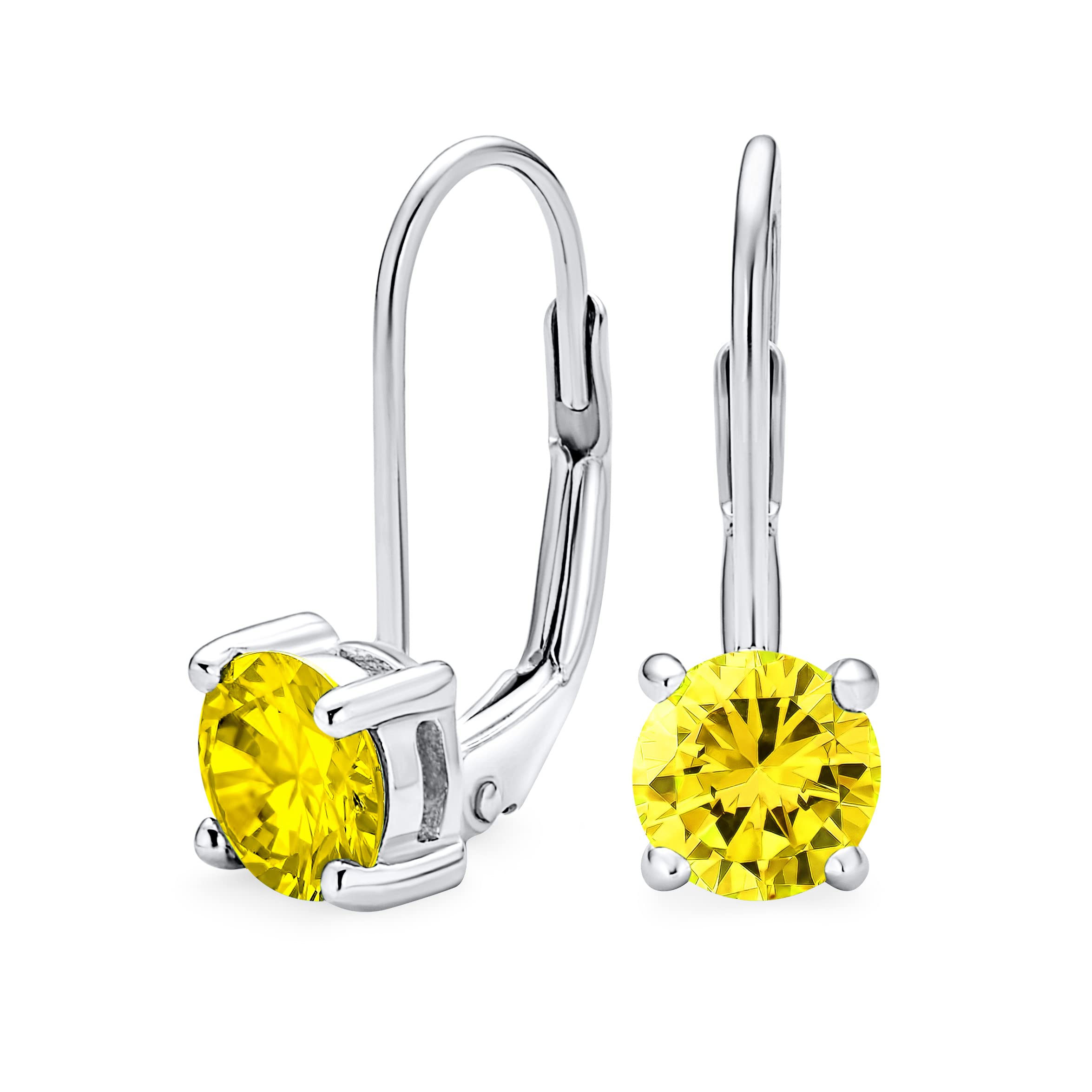 Canary Yellow Solitaire Round Brilliant Cut Cubic Zirconia Lever back Drop Earrings Simulated Topaz Sterling Silver โ image 1
