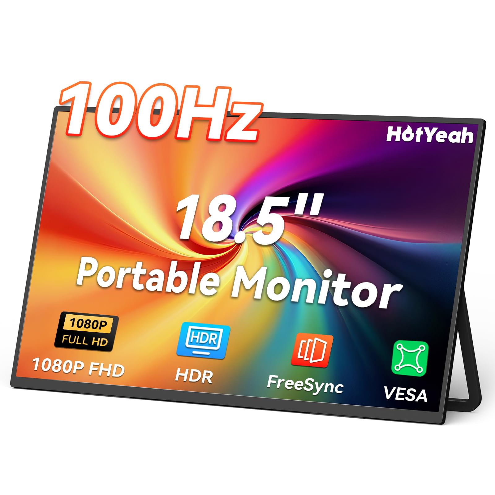 HotYeah Portable Monitor, 18.5" 1080P 100Hz 125% sRGB Laptop Monitor USB-C HDMI External Computer Display HDR FreeSync w/Kickstand & Speaker, 2nd Screen for Laptop PC Mac Phone Tablet Switch PS5 Xbox Image