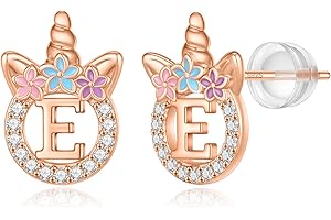 BRIJEWLIC 925 Sterling Silver Unicorn Earrings, 14K Gold/Rose Gold/Silver/Unicorn Earrings for Girls Kids Toddler Little Girls Hypoallergenic Letter Initial Earrings for Girls Christmas Gifts