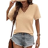 Dokotoo Women's Casual V Neck Short Sleeve Waffle Knit Lace Patchwork Shirts Summer Loose Basic Tunic Tops Tee Blouses