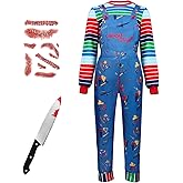 PUIWNON Scary Costume Adult Creepy Doll Killer Costume for Men Women Colorful Striped Shirt with Accessories Halloween