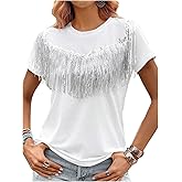 SweatyRocks Women's Sequin Fringe Tops Short Sleeve Crew Neck Summer T Shirts Sparkly Tassel Top