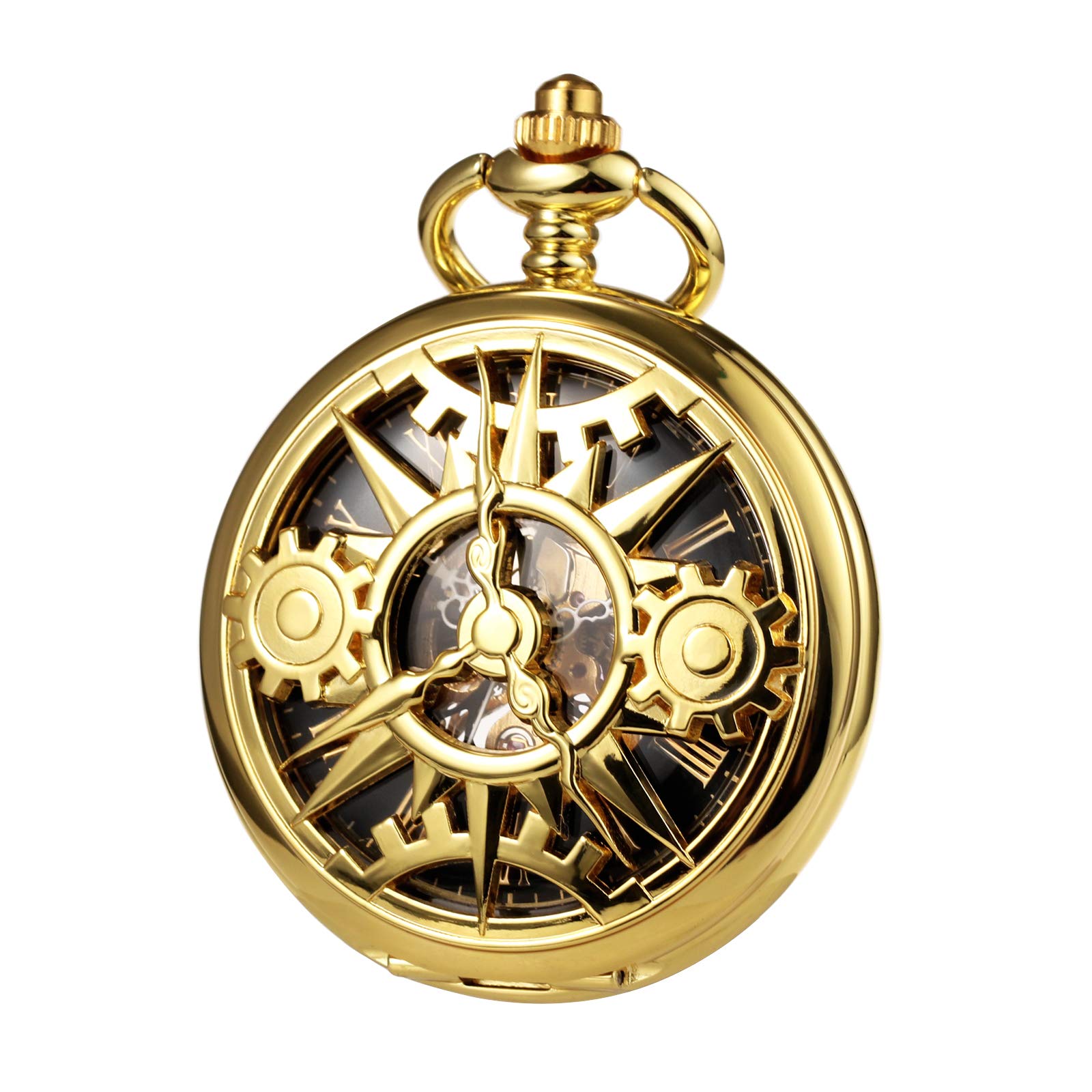 TREEWETO Unisex Pocket Watch with Chain Analogue Hand Winding Double Hinge Mechanical Gear Skeleton for Men Women Gold