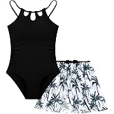 Redair Girls Swimsuit One Piece Swimwear with Tropical Printed Cover Up Skirt Girls Bathing Suits Set 7-16 Years