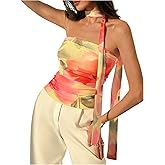RoseSeek Women's Floral Tie Dye Strapless Tube Top Sleeveless Y2K Bandeau Tops with Scarf