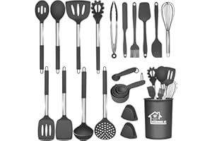 HOENART 27 Pcs kitchen Utensils Set,446°F Heat Resistant Non-Stick Kitchen Gadgets,Stainless Steel Handle Utensil Sets,Cooking Utensils Set with Holder,Kitchen Accessories,Kitchen Essentials,Dishwasher Safe
