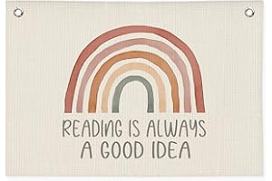 PLKMN Reading Corner Decor for Classroom, Reading Is Always A Good Idea Canvas Banner, Boho Rainbow Wall Hanging Banner Flag Decor for Reading Corner Nook Playroom