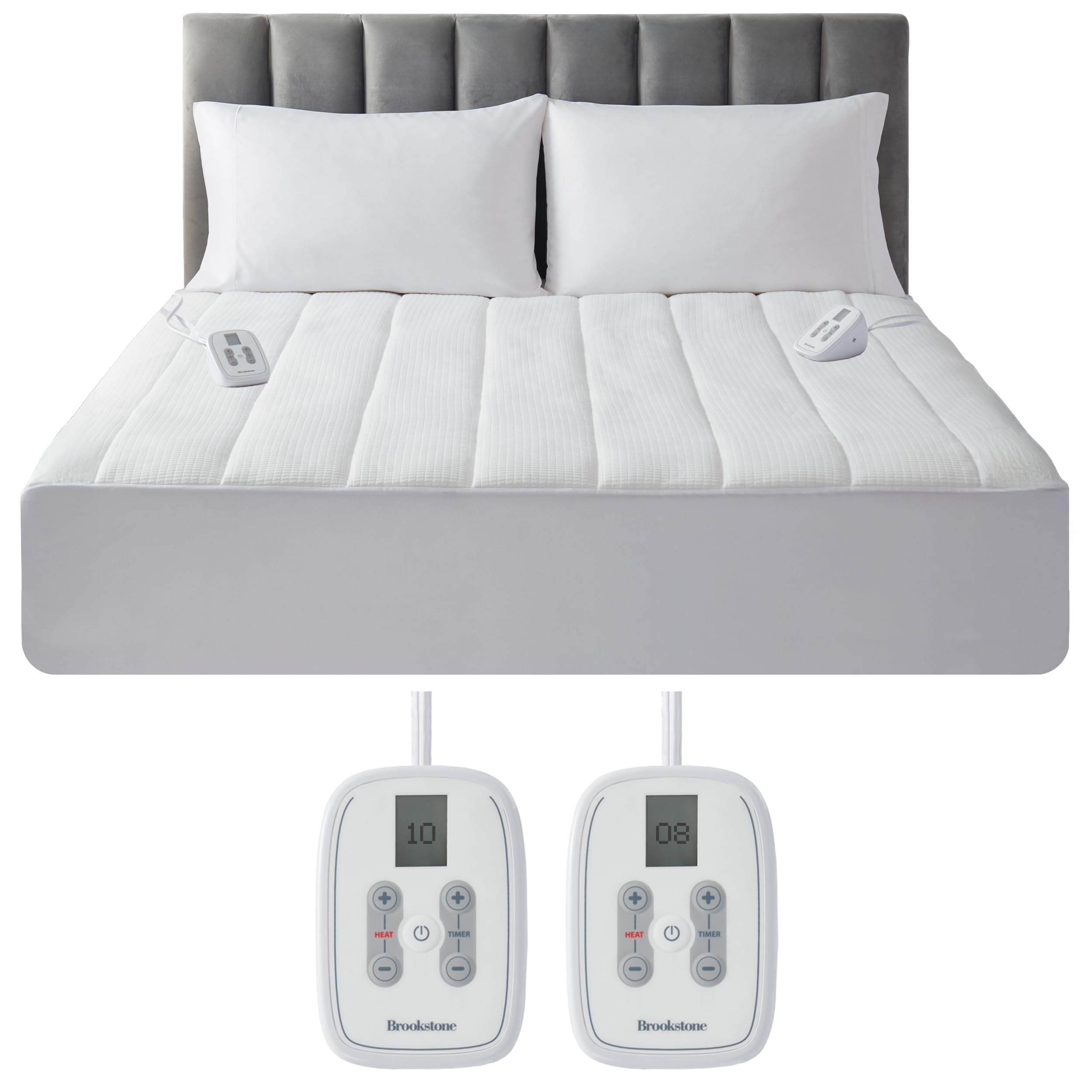 Photo 1 of (Q) Brookstone Matelassé Knit Heated Mattress Pad – Queen Size – 10 Heat Settings, Auto Shut-Off, Machine Washable, Soft Quilted Cover – White