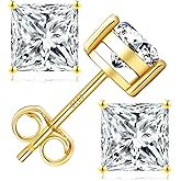 KRKC&CO Princess Cut Moissanite Earrings Studs for Women, Anniversary/Birthday/Valentine's Day Gift for Her, 925 Sterling Silver, D Color, VVS1, 0.6ct-2ct, White Gold Plated & Gold Plated