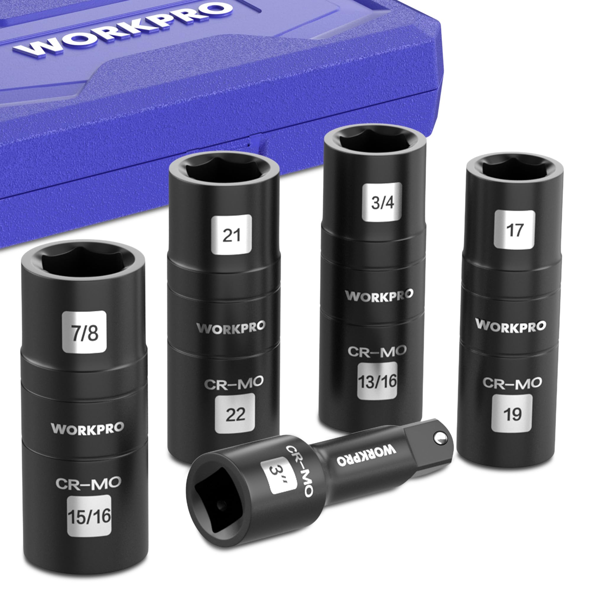 WORKPRO 1/2" Drive Impact Socket Set, Cr-Mo Steel Lug Nut Flip Socket with Bar Extension, Impact Heavy Duty Wheel Nut Sockes, with Storage Box, SAE and Metric Sizes