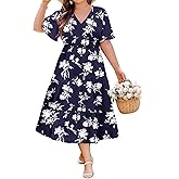 IN'VOLAND Plus Size Long Dresses for Women Summer Floral Short Sleeve Casual Dresses with Pockets Dark Blue