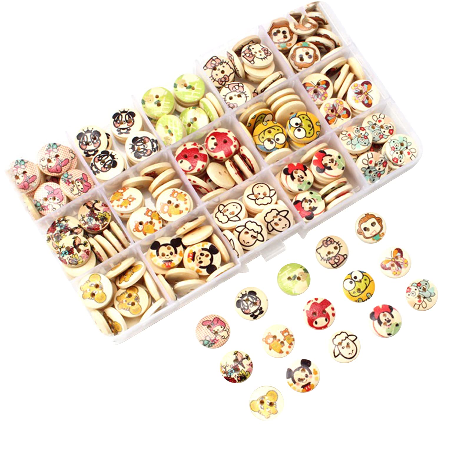 Mousyee Wooden Buttons - 225 Pieces, 15 Designs for Baby Clothes, 2 Holes for Sewing, Decorative Crafts and DIY