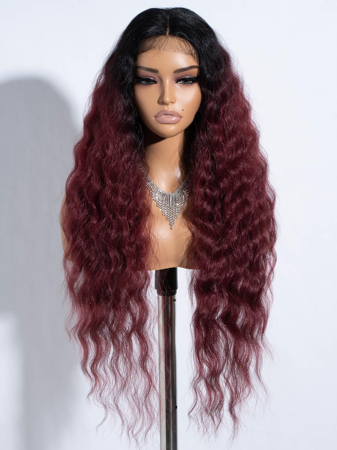Joedir Lace Front Wig Long Wavy Wigs for Women 30 Inches Deep Part Cury Wave Wig Natural Looking Synthetic Heat Resistant Fiber Wig for Daily Party Use Ombre Burgundy — image 1