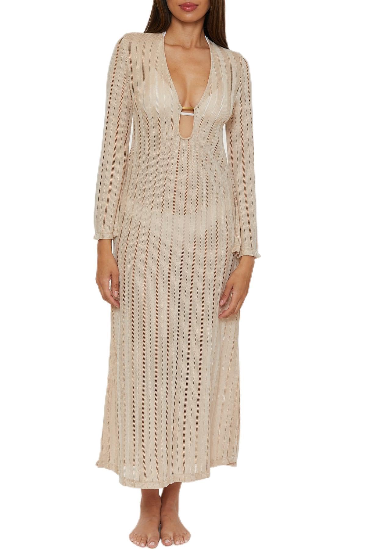 Trina Turk Women’s Standard Sky Maxi Dress, Casual, High Side Slits, Sheer, Beach Cover Ups, Vanilla