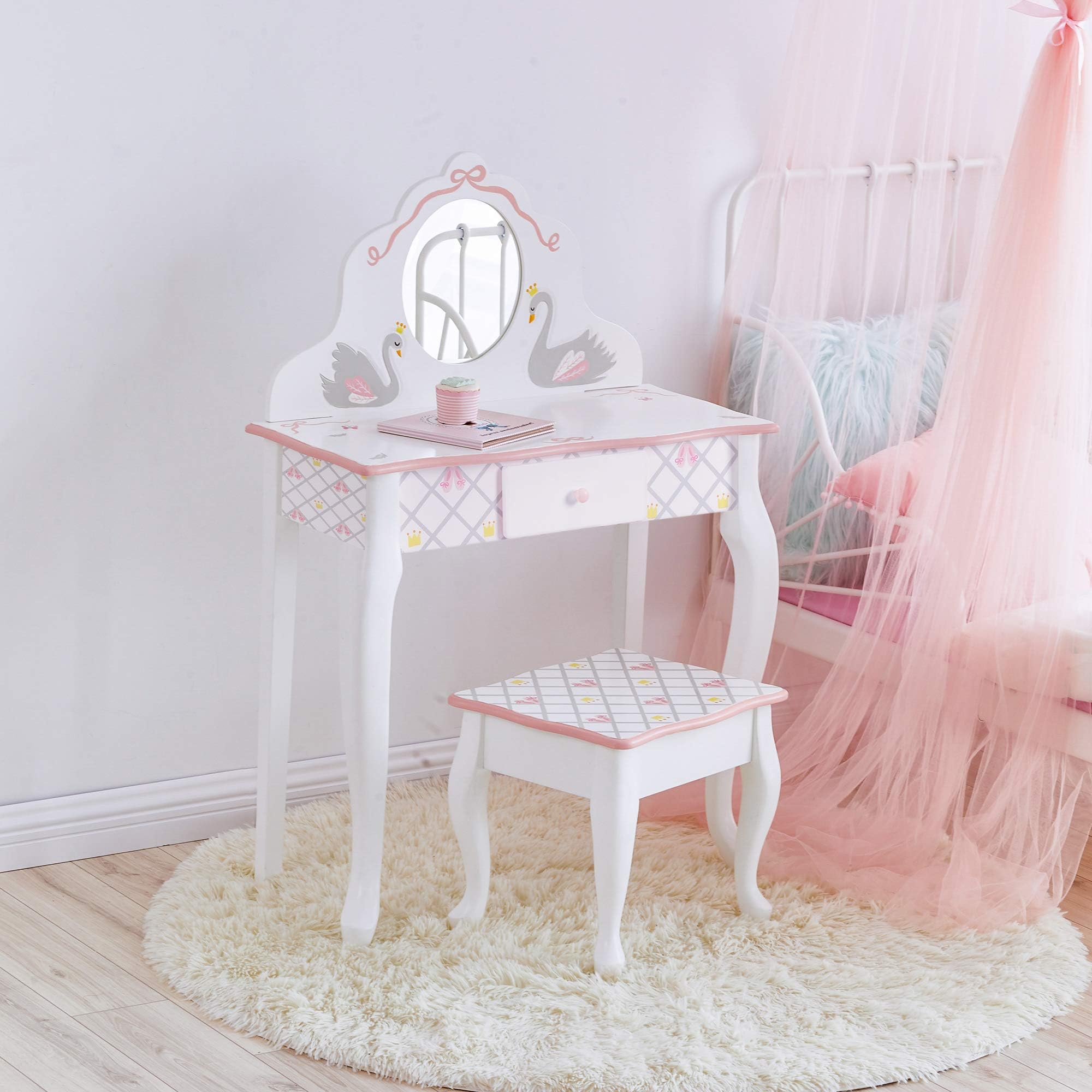 Fantasy Fields By TeamsonSwan Lake Girls Wooden Vanity Stool Kids Dress Up TD-12890A