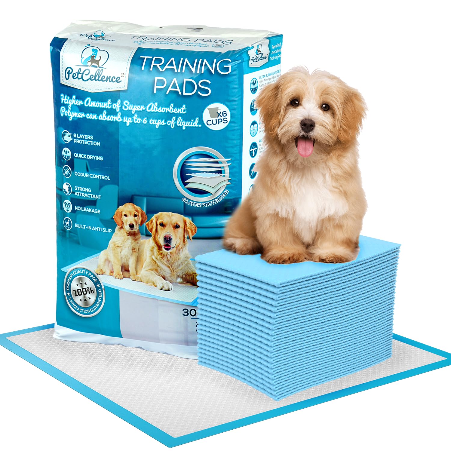 PetCellence Puppy Training Pads 30 Pack - Large 60 x 60cm Super Absorbent Dog Pads - with Advanced 6 Layer Leak Proof Protection - Anti Slip Adhesive Tabs