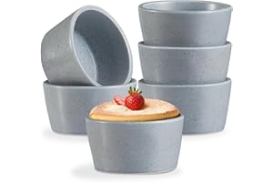 ONEMORE 6 oz Ramekins Set of 6 - Oven Safe Ceramic Mini Creme Brulee Dishes for Baking - Rustic, Speckled, Matte Glaze, Stackable, Microwave & Dishwasher Safe - Blue Grey