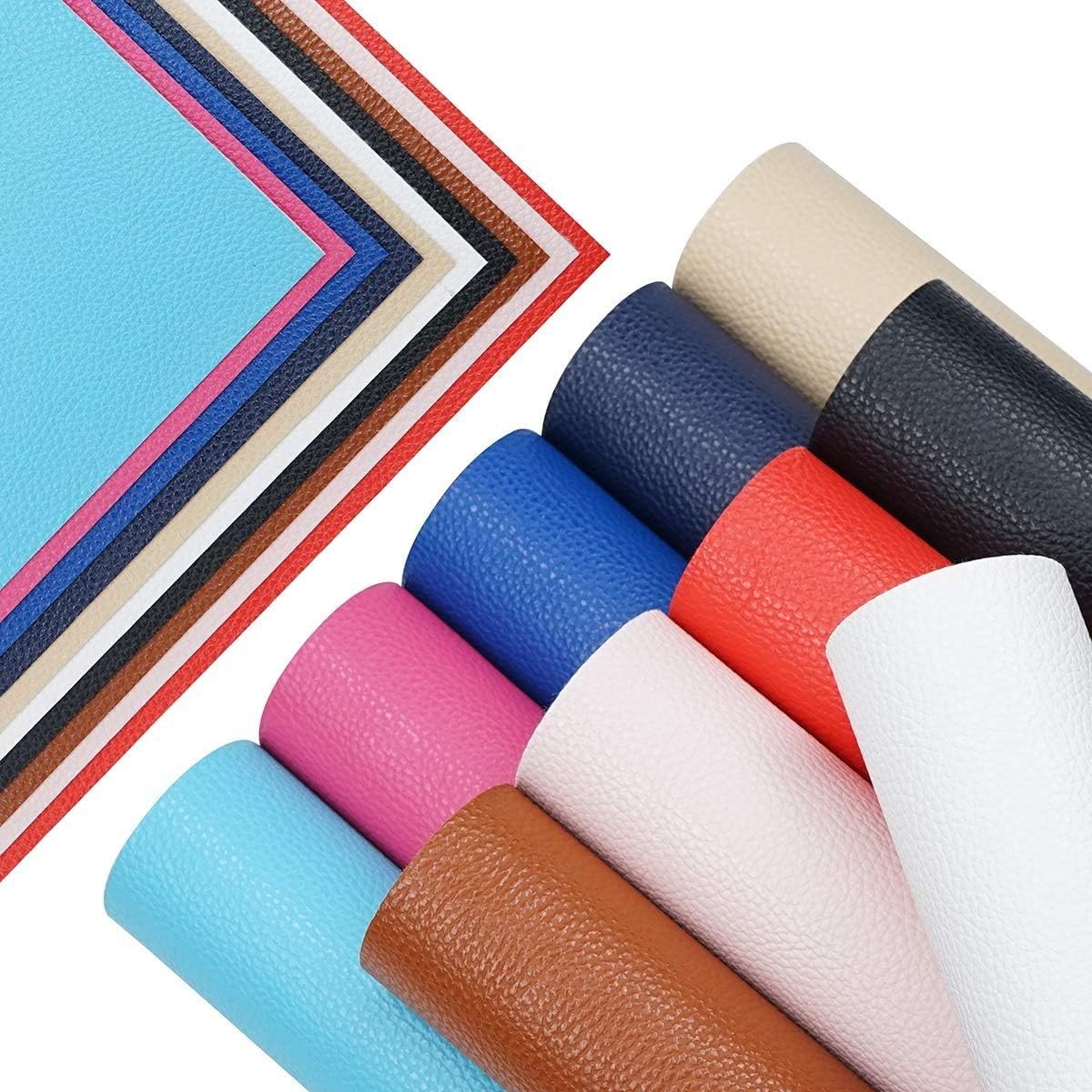 10 Pieces A4 Size 8x12 Inch Solid Color 1.2MM Thickness Litchi Grain Texture Synthetic Faux Leather Fabric Sheets Cotton Back for Making Hair Bows, Earrings, Placemats,10 Color Each Color One Sheet