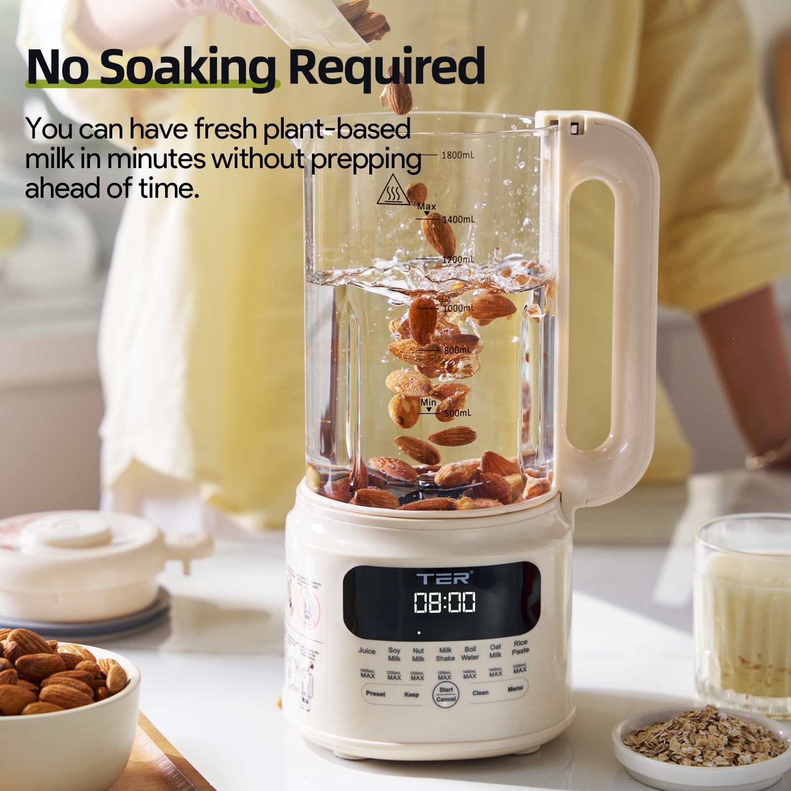 TER Máquina para hacer leche de nueces, 10 en 1 para hacer leche de soja, almendras/avena/leche de soja, jugo, batido, pasta de arroz, limpieza automática/tiempo preestablecido de 24 horas/12 horas para mantener caliente, con 7 accesorios, color beige