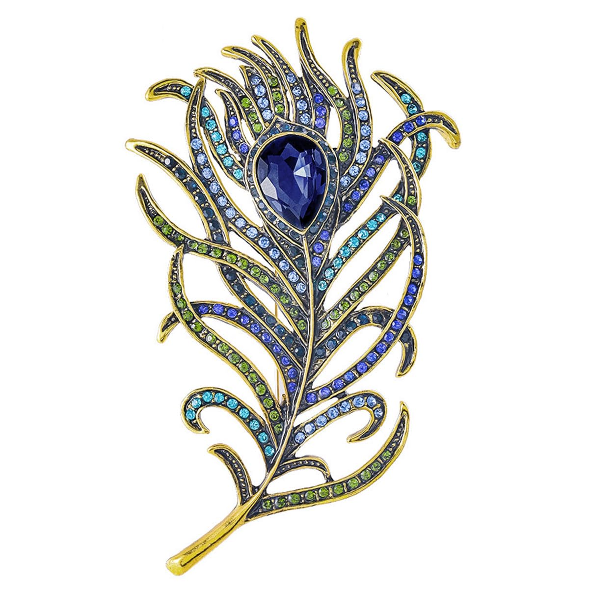 Mecool Women Vintage Peacock Feather Brooch Pins Simulated Crystal Teardrop Plume Brooch