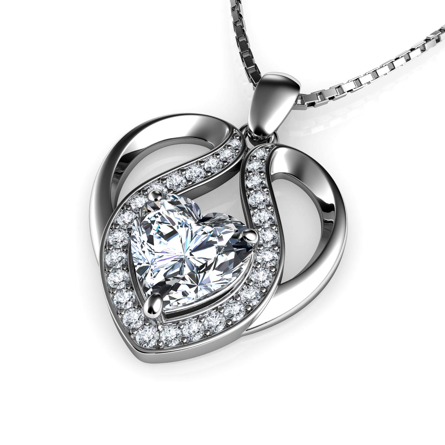 DEPHINI Crystal Heart Necklace – 925 Sterling Silver, Cubic Zirconia Pendant, Rhodium Plated Jewellery for Women (White 3)