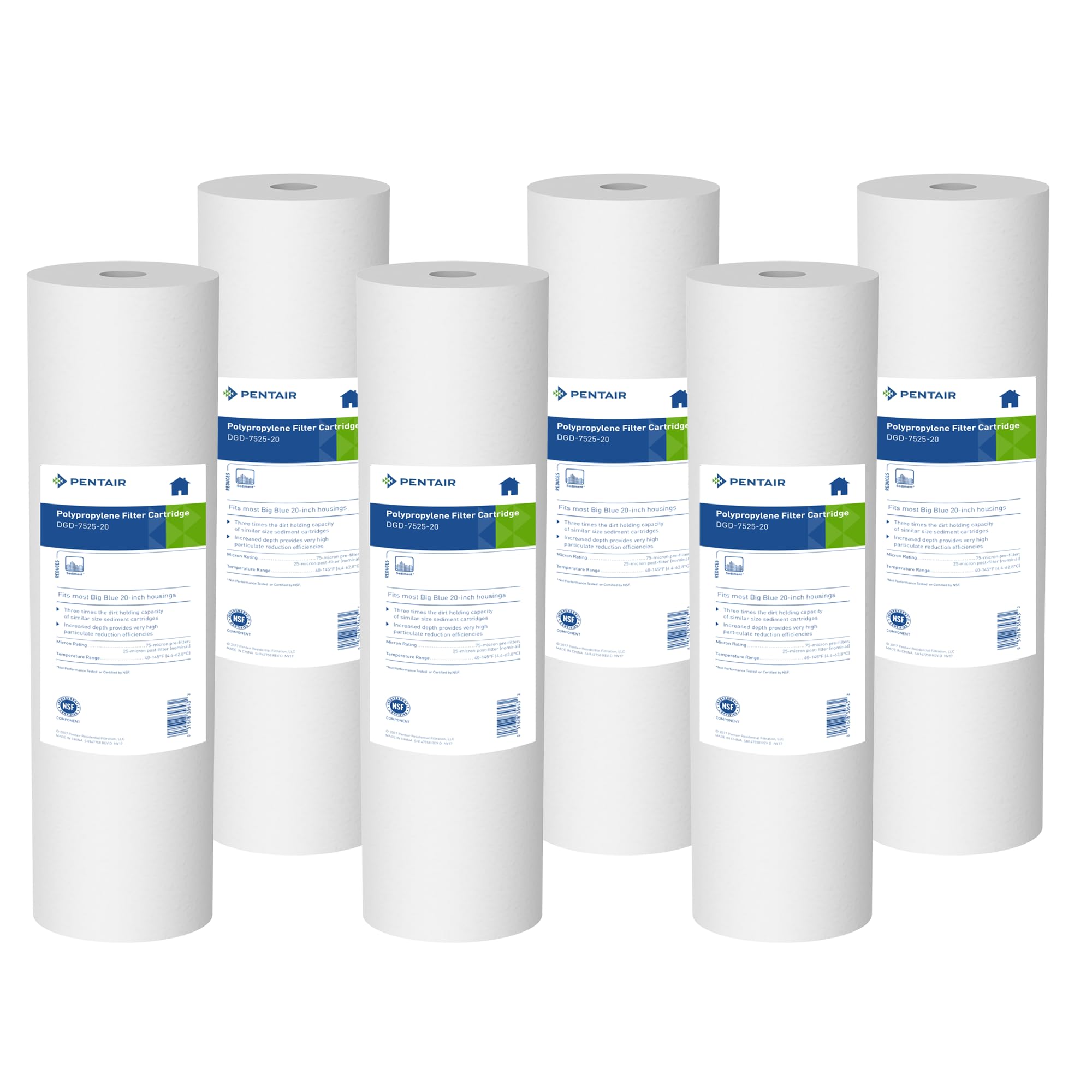 Pentair Pentek DGD-7525-20 Big Blue Water Filter, 20-Inch Whole House Sediment Filter Cartridge Replacement, Dual-Gradient Density Spun Polypropylene, 20″ x 4.5″, 25 Micron, Pack of 6