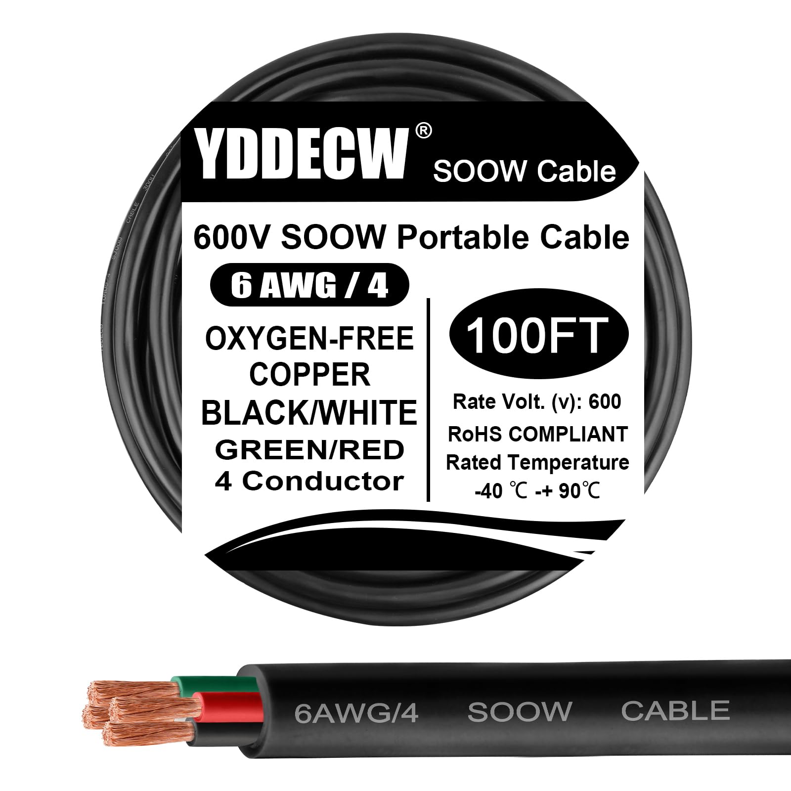Photo 1 of YDDECW 100ft 6/4 6 AWG Portable Power Cable (4 Conductor) - SOOW 600V 6 Gauge Electric Wire for Motor Leads, Portable Lights, Battery Chargers and Machinery - 4 Conductor - 100 Feet Electrical Cord