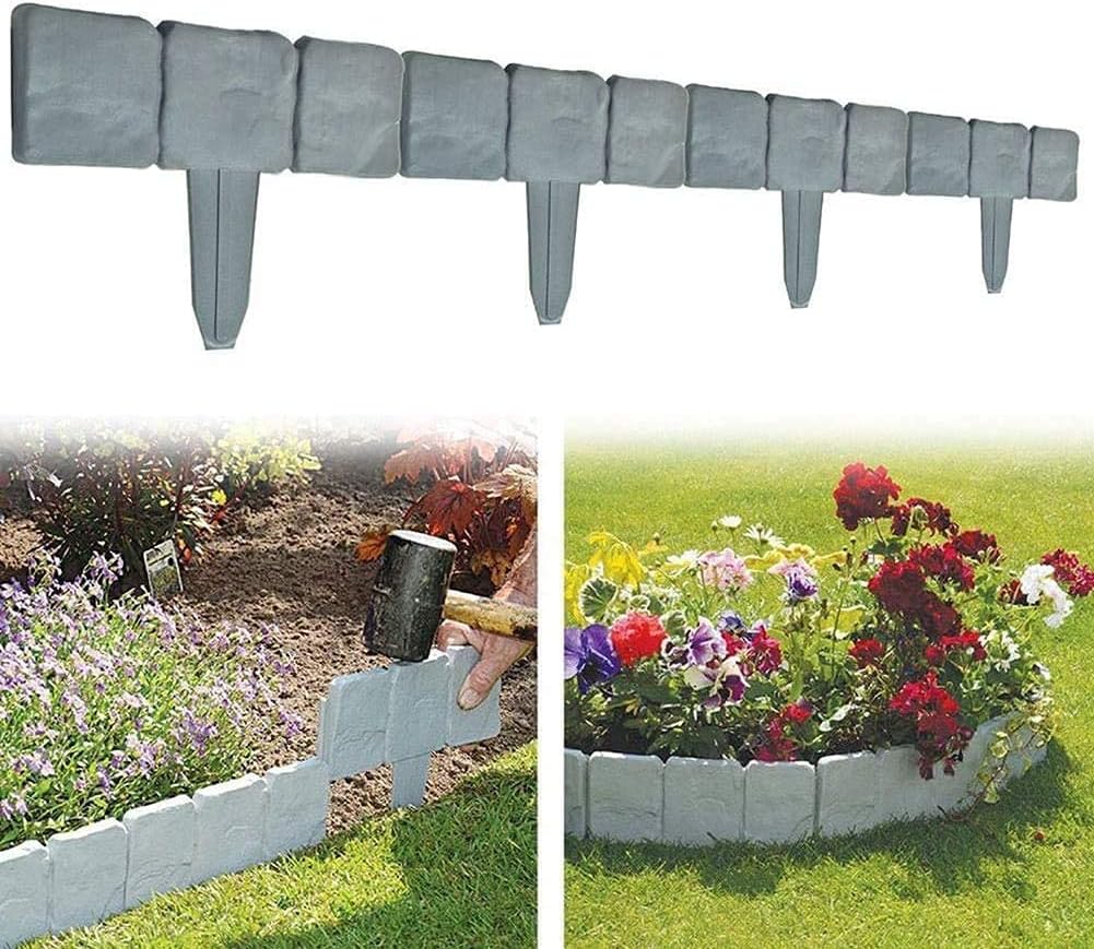HOUZHI Stone Effect Plastic Palisade Fence, Home Garden Border Edging, Garden Border Edging Stones Effect Fence in Lawn Edging, for Garden,Lawn,Walkway and Landscape Edging (20 pcs, Gray)